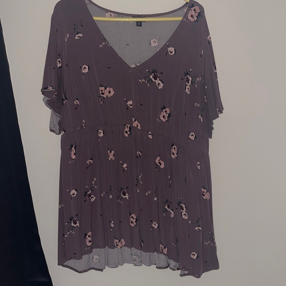 Plus Size Purple Floral Print Babydoll Style Blouse
